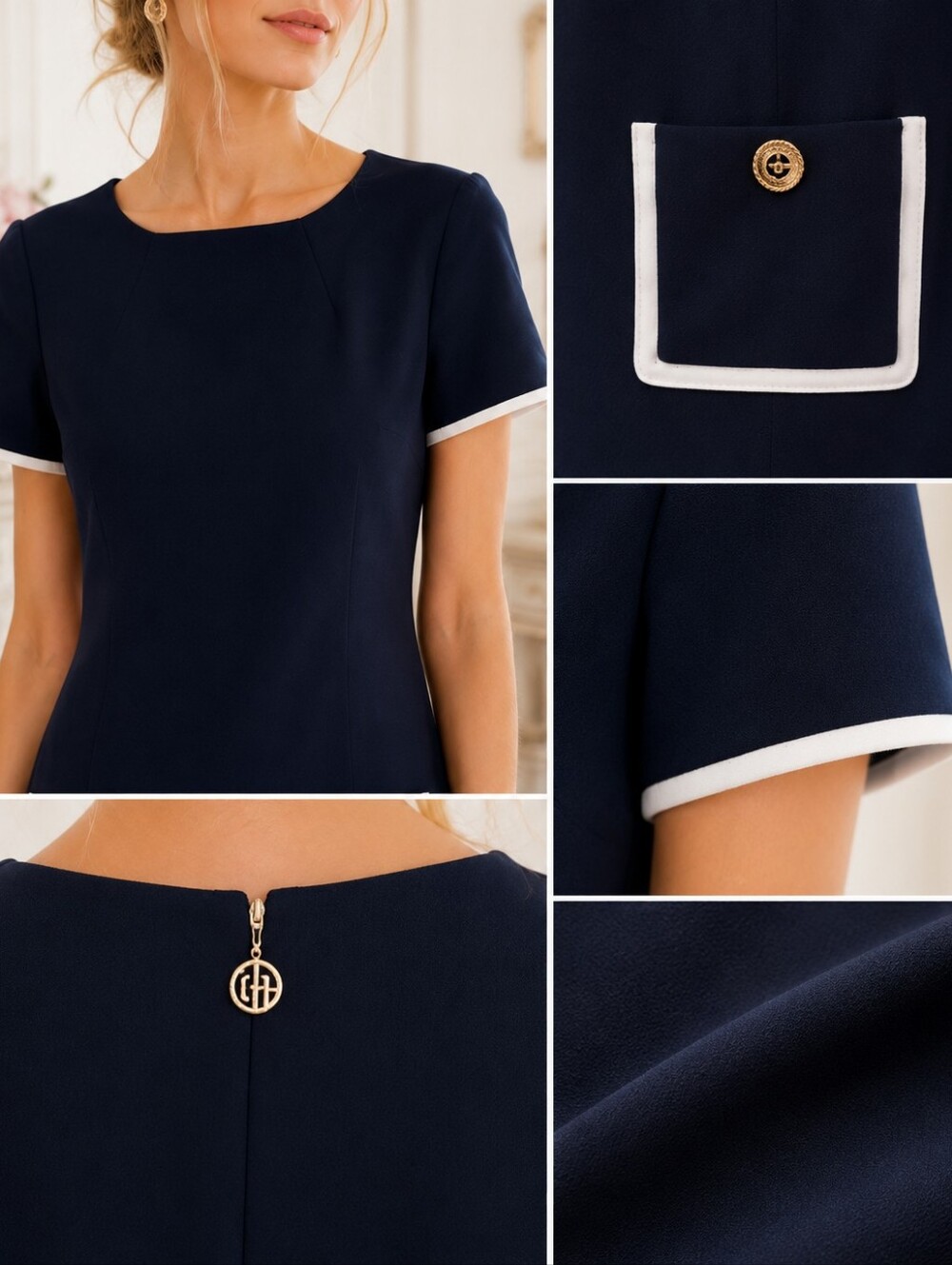 Tommy Hilfiger Navy Shift Dress | Size 8 White Trim Gold Button Pockets - Picture 3 of 11